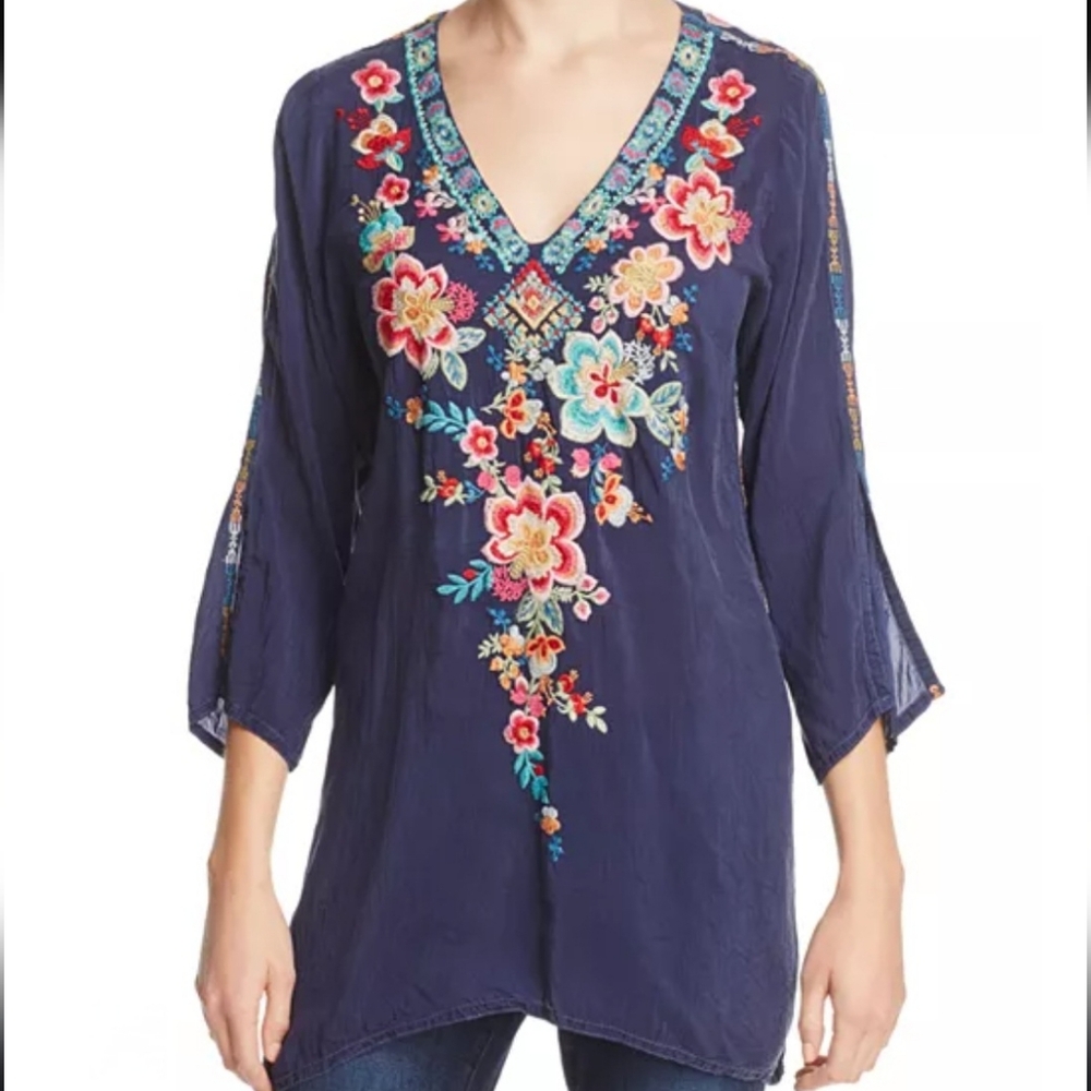 Johnny Was Women's Navy Colorful Floral Embroidered Roma Tunic Size S Small